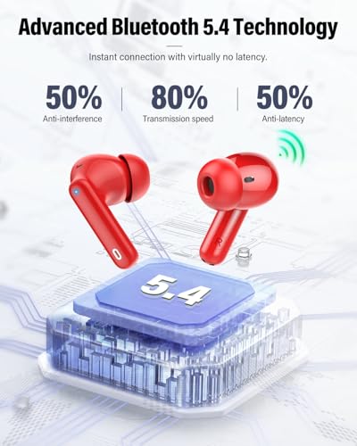 Wireless Earbuds, Bluetooth 5.4 Headphones Bass Stereo/Clear Calls, Red | Ear Buds with Noise Cancelling Mic LED Display in Ear Earphones IP7 Waterproof 36H Bluetooth Earbuds for Phones/Sport/Laptop - color: Red