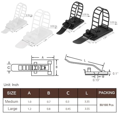 50Pcs Adhesive Cable Management Clips with 50Pcs Zip Ties, Adjustable Nylon Cable Strap Ties Wire Clips Clamps Organizer, Extra Screw & Hole - 3.35 Inch White - color: White, size: M-50pcs