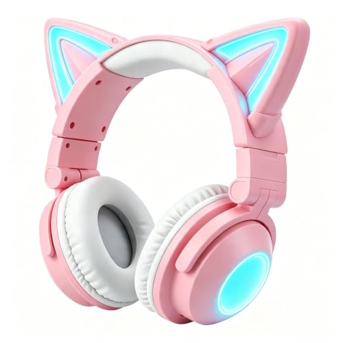 Cat Ear Bluetooth Headphones for Kids Adult, LED Gaming Headset | Toddler Girl Headphones, Bluetooth Over Ear Headphones with Microphone,Foldable,Phone/PC/Tablet/TV Compatible,Pink - color: Pink