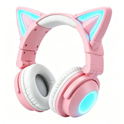 Cat Ear Bluetooth Headphones for Kids Adult, LED Gaming Headset | Toddler Girl Headphones, Bluetooth Over Ear Headphones with Microphone,Foldable,Phone/PC/Tablet/TV Compatible,Pink - color: Pink