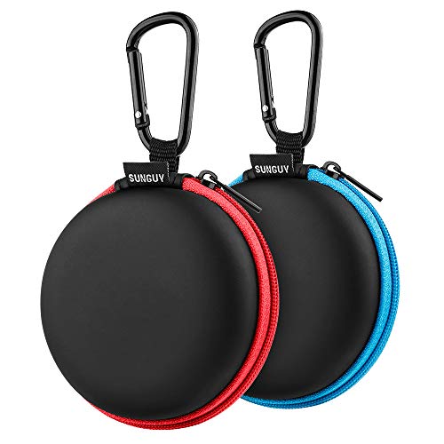 SUNGUY [2-Pack Earbuds Case, Small Round Pocket Earbud Travel Carrying Case Pouch with Carabiners for Earbuds, Headsets, in-Ear Headphones, Hearing Aids, USB Cable and More (Red + Blue) - color: Red+Blue