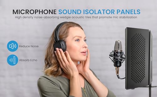 IDANCE Microphone Isolation Shield, 3 Panel Foldable Vocal Shield with Absorbent Foam for Mic Stand or Tabletop Use, Mic Isolation for Studio Recording, Podcasting, Voiceover