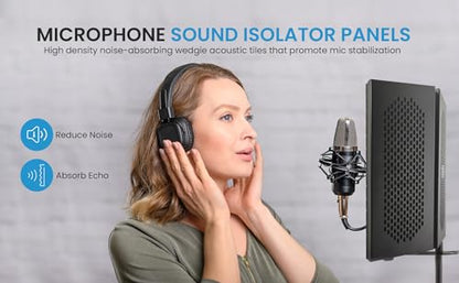 IDANCE Microphone Isolation Shield, 3 Panel Foldable Vocal Shield with Absorbent Foam for Mic Stand or Tabletop Use, Mic Isolation for Studio Recording, Podcasting, Voiceover