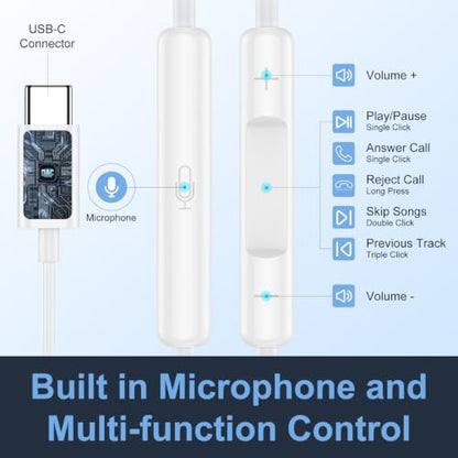 USB C Wired Headphones Earbuds for Samsung Galaxy S26 Ultra S26 S25 S24 S23 | Wired Earphone with Microphone Corded Earbuds Audifonos In-Ear Buds for Google Pixel 10 Pro Fold 10 Pro 10 XL 10A 9A 9 8 7 6