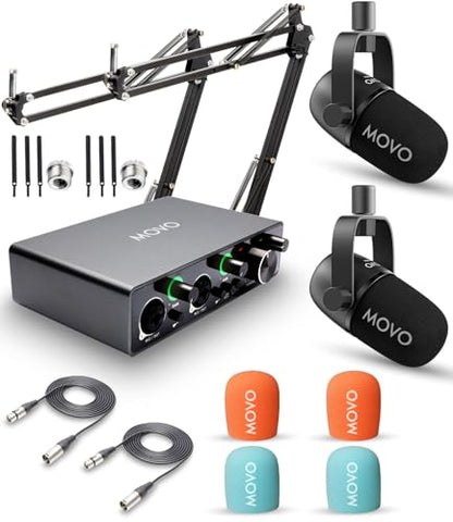 Movo Podcast Equipment Bundle for 2 with USB Audio Interface and 2 CastMic Dynamic Podcast Microphone Bundle with Mic Boom Arms for Podcasting, Streaming, and Musicians - Podcast Kit for Computers - style: with Boom Arms