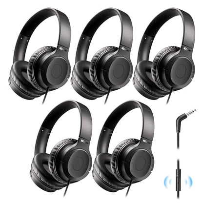 iClever HS27 5 Pack Kids Headphones for School K-12 Online Learning Travel | SafeSound Tech3.0, Tangle Free, 3.5mm Jack, Mic Include, HD Stereo, Swivel Foldable, Headphones for Class, Bulk 5Pack, Black - color: Black
