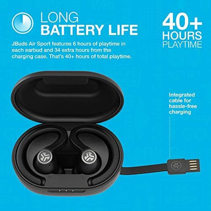 JLab JBuds Air Sport True Wireless Bluetooth Earbuds + Charging Case, Black, IP66 Sweat Resistance, Class 1 Bluetooth 5.0 Connection, 3 EQ Sound Settings Signature, Balanced, Bass Boost