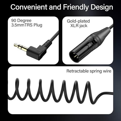 Right Angle 3.5mm to XLR Aux Cable Coiled - 1/8 Inch Jack Stereo to XLR Male Cord Adapter - 90 Degree Angle Microphone Cable for Laptop, Microphone, Amplifier (30Cm/0.98Ft) - style: 3.5mm to XLR Male Jack Cable