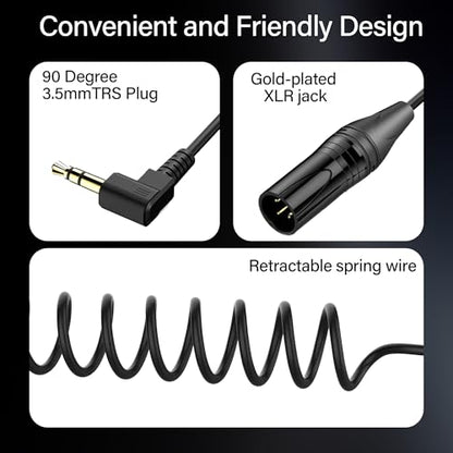 Right Angle 3.5mm to XLR Aux Cable Coiled - 1/8 Inch Jack Stereo to XLR Male Cord Adapter - 90 Degree Angle Microphone Cable for Laptop, Microphone, Amplifier (30Cm/0.98Ft) - style: 3.5mm to XLR Male Jack Cable