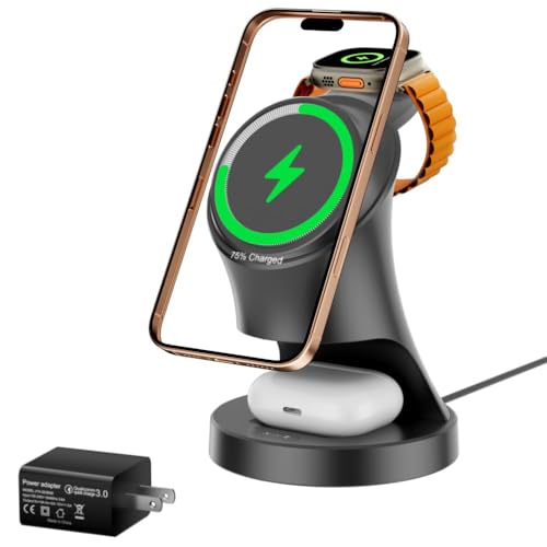 3 in 1 Wireless Charging Station for Apple Devices,Magsafe Charger for IPhone17 16 15 14 13 12 Pro/Max/Plus/Mini Wireless Charger Station for AirPods 2/3/4/Pro iWatch Ultra11/10/9/8/7/SE/6/5/4/3/2 - color: Black