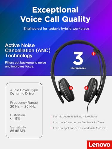 Lenovo Wired ANC Headset Gen 2 (Teams) with Active Noise Cancellation, EPOS BrainAdapt & ActiveGard Tech, Lightweight, USB-C, Plug-and-Play, Zoom Certified, Customizable, Hearing Protection | Includes USB-A converter, travel pouch and 2 year warranty for