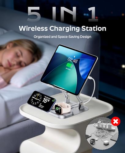 Meifigno 65W 5 in 1 Wireless Charging Station for Apple Multiple Devices | With 30W Fast Wired Charging for iPad/Tab, Foldable Charger Design for Magsafe, for iPhone 17 16/iWatch/AirPods with Adapter