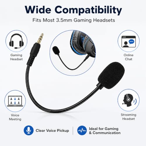Headset Microphone, 3.5mm Plug, Adjustable 360 Degrees Bendable Jack, Black, for Gaming Headsets, Mic Headsets Accessories