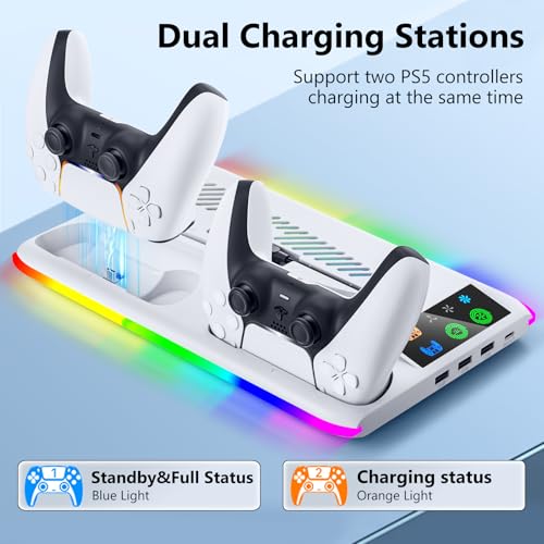 BRHE PS5/Slim/Pro Cooling & Charging Station,PS5/ Slim/Pro Stand for Disc & Digital Console,PlayStation 5 Controller Charger,PS5/Slim/Pro Accessories with 3 Charging Ports,Headset Holder (White) - color: Pro White