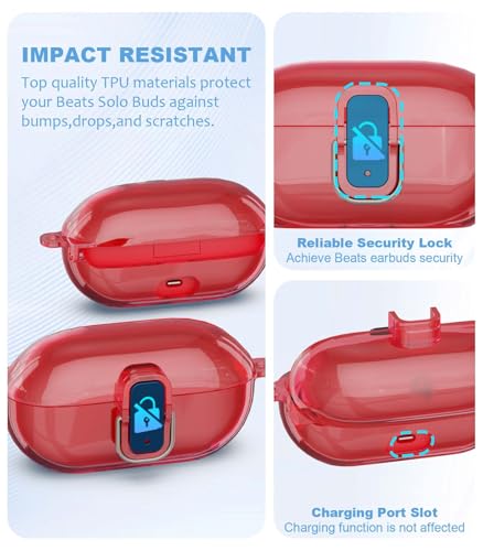[Upgrade Secure Lock] for Beats Solo Buds 2024 Case Cover with Cleaner Kit, AGENTNANO Clear TPU Shockproof Protective Cover Compatible with Beats Solo Buds Charging Case with Carabiner-Clear Red - color: Clear Red