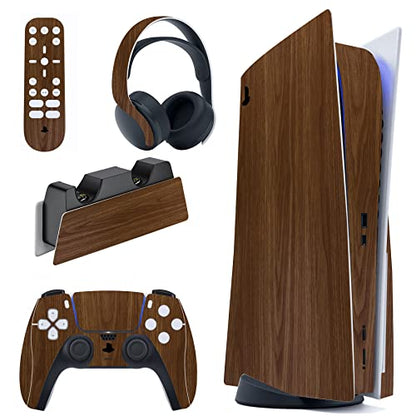 PlayVital for ps5 Skin - Disc Edition Full Set Console Controller Skin, Vinyl Decal Wrap Sticker Cover for ps5 Controller & Charging Station & Headset & Media Remote - Wood Grain - color: Wood Grain