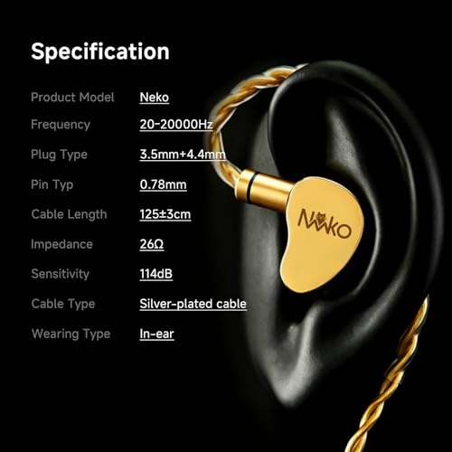 CVJ Neko IEM Wired Gaming Earbuds, 10mm Dynamic Driver HiFi in-Ear Monitors with 3.5 & 4.4mm Plugs, Deep Bass Headphones with Detachable Silver-Plated Cable for Audiophiles, Singers, Musicians - Gold - color: Gold