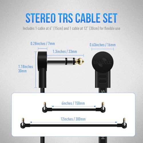 TRS Guitar Patch Cable 1/4 inch Right Angle Effect Pedal Cord | Noise Free Pedal Board Patch Cables, Low Profile Stereo TRS Effect Patch Cords for Pedals (6IN+12IN) - size: 6IN+12IN