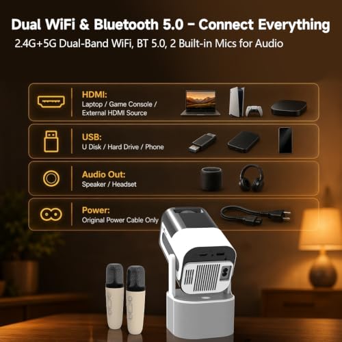 Projector with WiFi and Bluetooth, 1080P Projector for Bedroom | 180° Rotatable Smart Projector, 2 Wireless Microphones Included, Compatible with HDMI, USB, iOS, Android, Windows, TV Stick