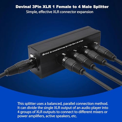 1-IN-4-OUT XLR Audio Splitter Box ; XLR 1 Female to 4 Male Balanced Converter ; 4-Way Stereo Passive Audio Cable