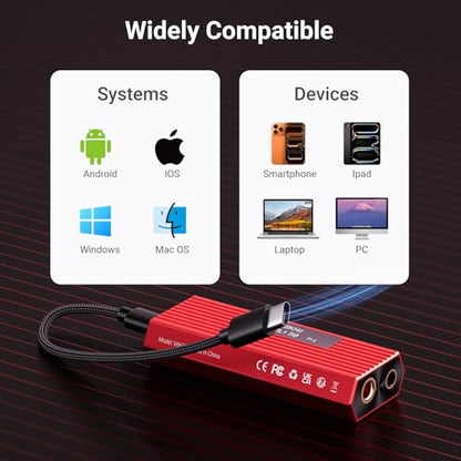 USB C DAC Headphone Amplifier, ES9028Q2M Portable HiFi DAC Amp, DSD256/PCM 384kHz 32Bit, 4.4mm Balanced & 3.5mm Outputs, USB DAC for iPhone 15/16, Android Phone, PC, Mac