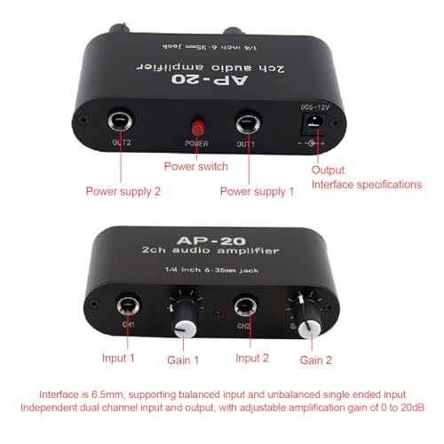 Dual Channel Sound Preamplifier Professional Grade 1/4 Inch 6.35mm 0 to 20db Gain Adjustable Amplifier Amp for Microphones Instruments Music Signals Aluminum Alloy Compact Size