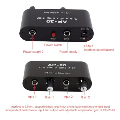 Dual Channel Sound Preamplifier Professional Grade 1/4 Inch 6.35mm 0 to 20db Gain Adjustable Amplifier Amp for Microphones Instruments Music Signals Aluminum Alloy Compact Size