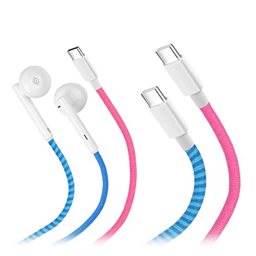 2packs Braided USB C Earphones, Colorful Earbuds, in Ear Headphones with Mic + USB C PD Charging Cables 2 Hours Full Charged