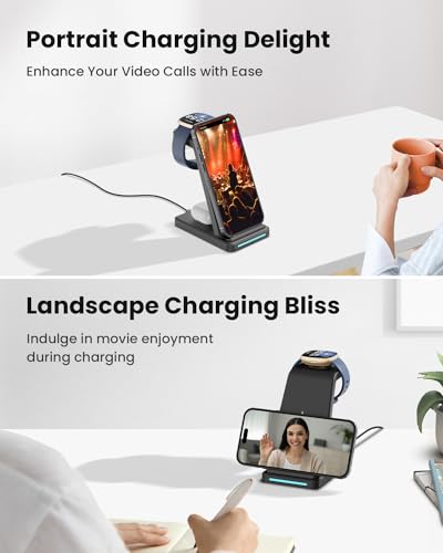 Wireless Charger for Fitbit Charging Station - GEEKERA 3 in 1 Phone Charger Stand for Fitbit Watch Sense 2/Sense/Versa 4/3, iPhone, Samsung, Google Pixel Phones, Androids, Airpods 4/3/2 - color: Black