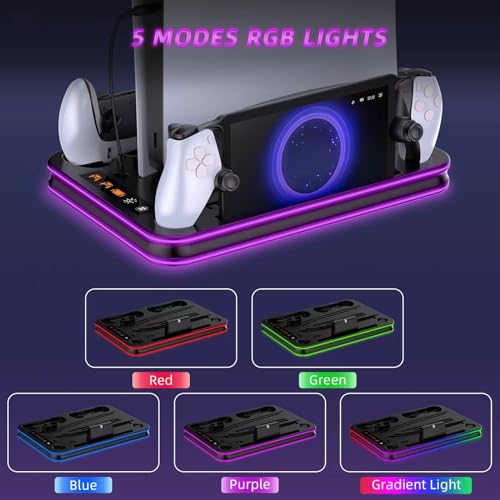 PlayStation Portal Charger, PS5 Stand and Cooling Station with RGB LED Controller Charging Dock Accessories, PS5 Edge Controller and PS Portal Charger, Headset and Remote Holders - color: Black