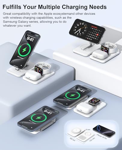 3 in 1 Magnetic Wireless Charger for Apple Multiple Devices, Foldable Fast Charging Station - Magsafe Charger Stand, Travel Charger Pad for iPhone 17 16 15 14 13 12 Series/Apple Watch/AirPods Pro | Magsafe Charger Stand for Multiple Devices, Travel Charge