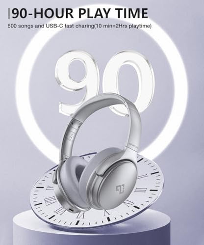 INFURTURE H1 Active Noise Cancelling Bluetooth Headphone Over Ear Deep Bass | Comfortable, Hi-Fi Stereo, 90H Playtime, Low Latency, Foldable Lightweight for Travel, Office, Sport Running - White - color: Silver