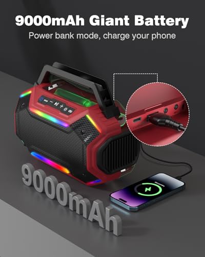 Qozybuds Bluetooth 6.0 Speaker, 80W(Peak) Loud Speaker with Bass, 30H Working Time, IPX6 Waterproof Large Jobsite Speakers with TWS, RGB Lights for Work, Outdoor, Workshop, Garage (Red)