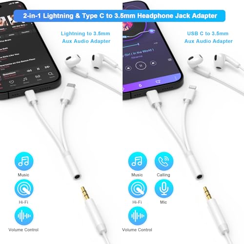 [Apple MFi Certified] Lightning/USB Type C to 3.5 mm Headphone Jack Adapter | 2-in-1 iPhone Headphone Adapter, iPhone Aux Adapter Converter Dongle Audio Cable for iPhone 17 16 15 14 13 12 11 XS XR X 8 7