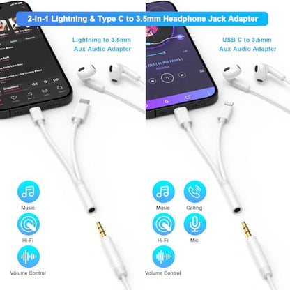 [Apple MFi Certified] Lightning/USB Type C to 3.5 mm Headphone Jack Adapter | 2-in-1 iPhone Headphone Adapter, iPhone Aux Adapter Converter Dongle Audio Cable for iPhone 17 16 15 14 13 12 11 XS XR X 8 7