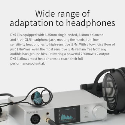 Topping DX5 II Fully Balanced DAC Headphone Amplifier 7600mW, ES9039Q2M x 2 Chip DSD512 768kHz DAC Amp Combo, USB/Optical/Coaxial/Bluetooth to RCA/XLR Line/6.35mm/4.4mm/4-pin XLR Earphone Amps (Black) - color: Black