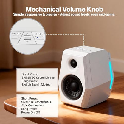 Sanyun SW209 36W 2.0 Gaming Speakers, Tactical Audio Map with 3 DSP Modes | Game/Movie/Music, 24bit DAC, USB-C/Bluetooth 5.2/AUX, 2.75" Glass Fiber Drivers & 18mm Silk Dome, RGB Lighting (Pair, White) - color: SW209 White