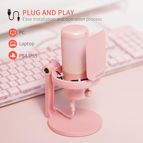 FEELWORLD VM1 Pink USB Gaming Condenser Microphone for pc, Desktop Stand - color: Pink