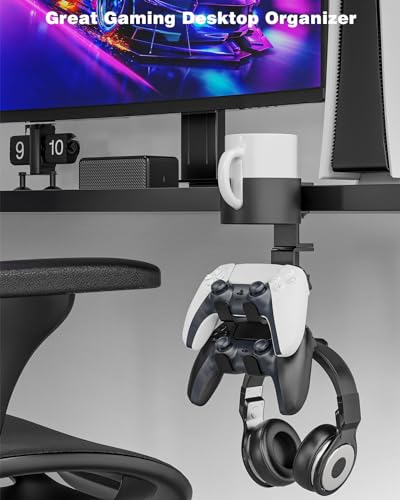 MoKo Desk Controller Holder with Headphone Hanger - 3 in 1 Rotating Desk Cup Organizer Gaming Accessories Stand Desk Clamp Mount Controller Stand for Xbox One/360, PS5, PS4, Switch, Steam, Black