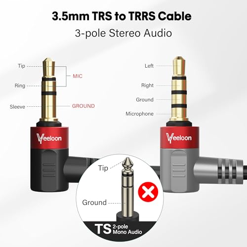 1 Pack Coiled Retractable 3.5mm 1/8 Aux TRS to 4 Pole TRRS Microphone Audio Patch Cable 20 Inch,90 Degree Angled Headphone Adapter Cord for Rode SC7,VideoMic, VideoMicro Go, BOYA & More External Mic