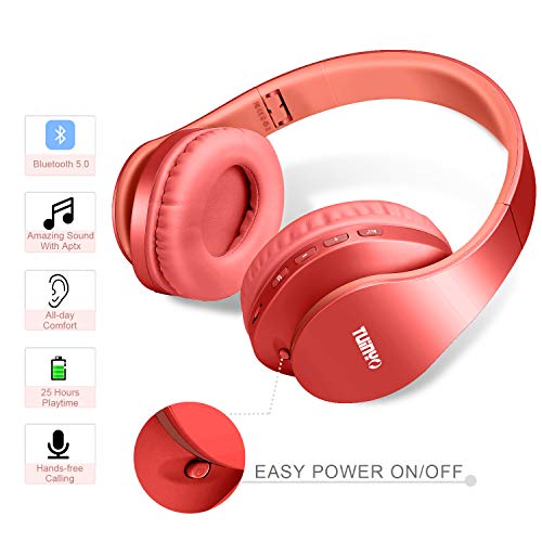 TUINYO Wireless Headphones Over Ear, Bluetooth Headphones with Microphone, Foldable Stereo Wireless Headset- (RED) - color: RED