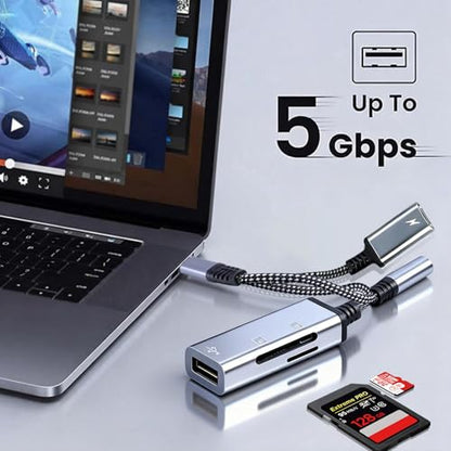4-in-1 USB C to 3.5mm Headphone Audio Adapter with 60W PD Fast Charging, USB OTG Dongle & TF/SD Card Reader, Hi-Res DAC Splitter Compatible with iPhone15/16, iPadPro, MacBook, Galaxy S23 and most