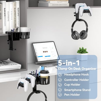 KDD 5 in 1 Desk Controller Holder - Rotating Headphone Hanger with Cup Holder - Clamp On Desk Organizer Holds Controller, Headphone, Cup, Mobile Phone and Pen(Black)
