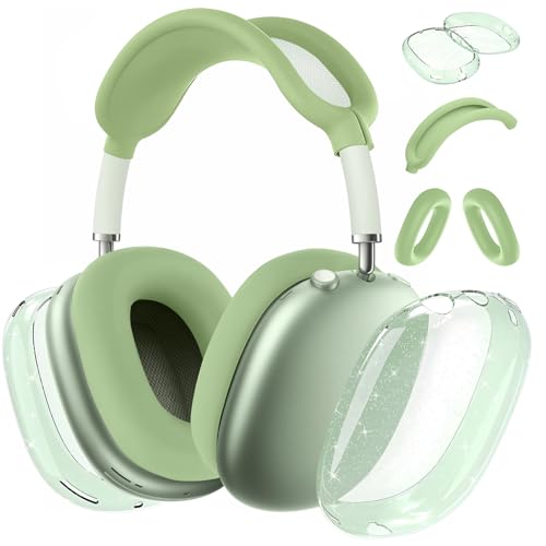 for AirPods Max case Cover,Anti-Scratch Ear Pad Case Cover/Ear Cups Cover/Headband Cover for AirPods Max. Clear Soft TPU and Silicone,Skin Scratch Proof. - color: 3PC Glitter Matcha Green