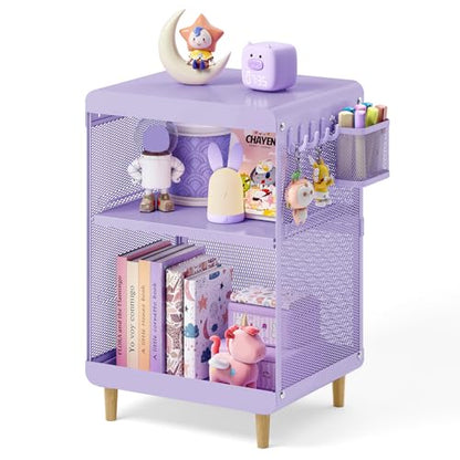 SYKIARIOL Kids Nightstand for Girls, 3-Tier Storage Shelf, Purple | Metal Bedside Table with 4 Hooks & Hanging Basket, Toddler Night Stand for Bedroom - color: Purple