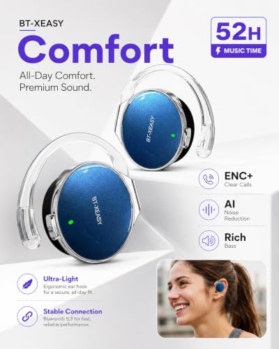 On Ear Headphones Bluetooth 5.4, Noise Cancelling Open Ear Headphones Wireless, Water-Drop Shaped Clip On Sport Headset Bluetooth with 4 Microphone, Comfort Fit Earphones with Long Battery Life - color: blue&silver&black