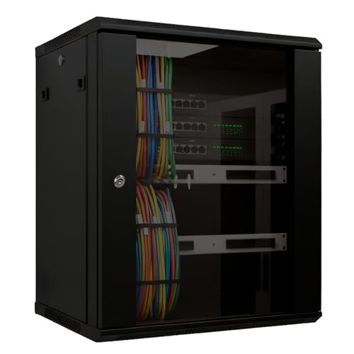 Pearington 12U Server Rack Enclosure with Glass Door, Cooling Fan, Locks, & Removable Side Panels - 12U Wall Mount Network Cabinet - size: 12U Rack
