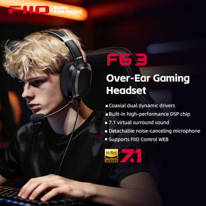 FiiO FG3 Gaming Headset, Dual Dynamic Driver USB Headphones with Detachable ENC Microphone, Virtual 7.1 Surround Sound, Hi-Res DAC, DSP EQ, Compatible with PC, PS5, Xbox & Switch
