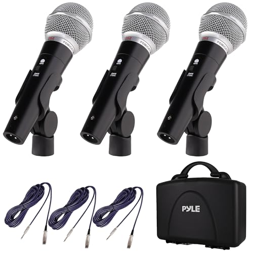 Pyle 3 Piece Professional Dynamic Microphone Kit Cardioid Unidirectional Vocal Handheld MIC with Hard Carry Case & Bag, Holder/Clip & 26ft XLR Audio Cable to 1/4'' Audio Connection (PDMICKT34),Black
