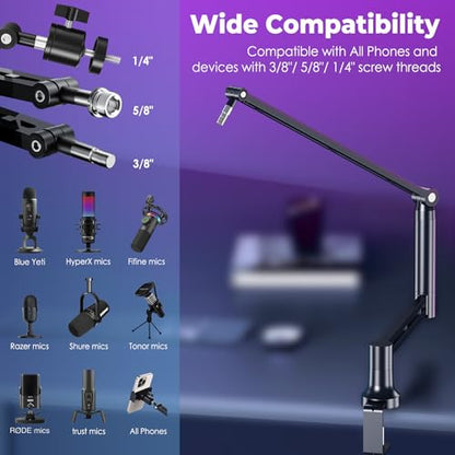 CreaDream Mic Boom Arm, Low Profile Microphone Arm Stand Desk Mount with Screw Adapter, Phone Holder, Detachable Rise Column, Cable Management, for Live Streaming, Gaming, Podcasting, Radio